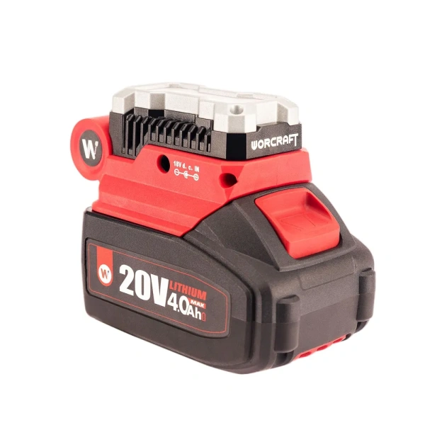 Адаптер-преобразователь для зарядки устройств 20V,50W от аккумуляторных батарей, Зарядное устройство с двумя USB- 5V 1.0A USB Type-A, 5V 2.0A USB Type-C с мощным беспроводным фонариком 400Lm WORCRAFT