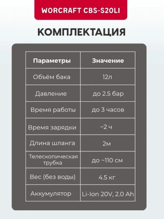 Опрыскиватель аккумуляторный WORCRAFT 12 л, 2.5 бар