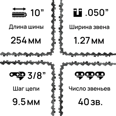 Цепь для бензопилы, для электропил/ Цепь пильная 3/8" паз 1/3 мм, 40 зв. шаг 3/8, шина 10" WORCRAFT