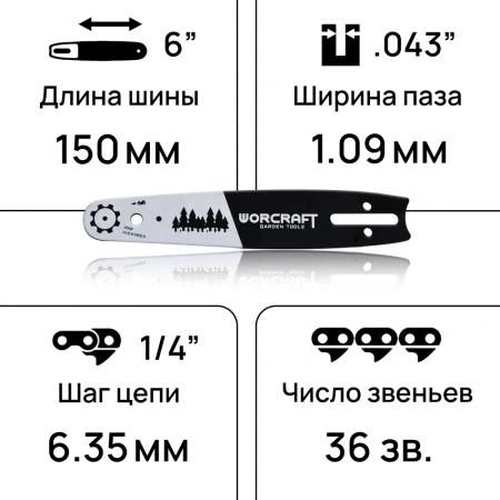 Шина для бензопилы, цепной, аккумуляторной мини-пилы длина 6", шаг 3,5 см, звеньев 36. WORCRAFT