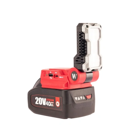 Адаптер-преобразователь для зарядки устройств 20V,50W от аккумуляторных батарей, Зарядное устройство с двумя USB- 5V 1.0A USB Type-A, 5V 2.0A USB Type-C с мощным беспроводным фонариком 400Lm WORCRAFT