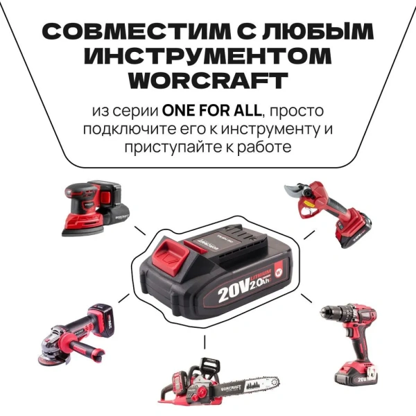 Аккумулятор переносной литий-ионный для шуруповерта и электроинструмента 20V Li-ion, 2.0Ah. WORCRAFT