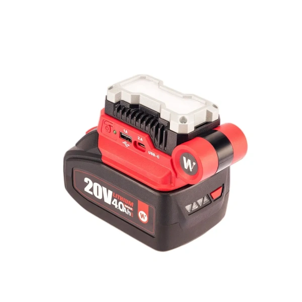 Адаптер-преобразователь для зарядки устройств 20V,50W от аккумуляторных батарей, Зарядное устройство с двумя USB- 5V 1.0A USB Type-A, 5V 2.0A USB Type-C с мощным беспроводным фонариком 400Lm WORCRAFT